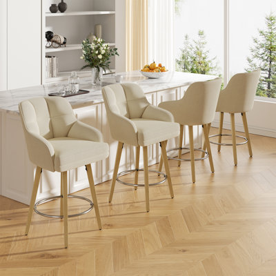 Tabouret de bar rotatif moderne avec dossier, accoudoirs et pieds en bois - Chaise à hauteur de comptoir pour îlot de cuisine