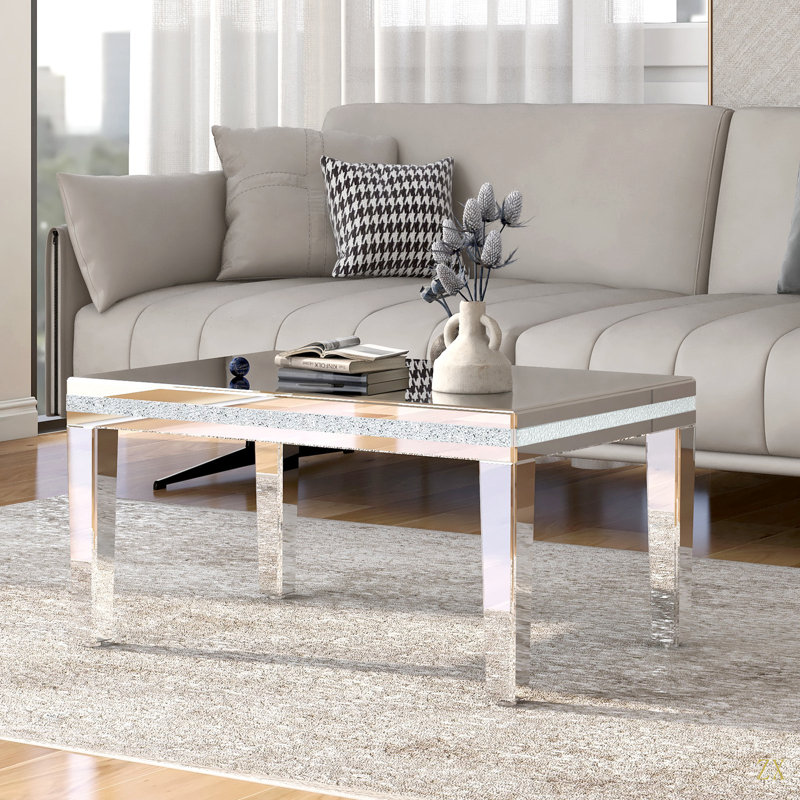 Table basse en verre moderne à la mode avec miroir, table de cocktail facile à assembler avec design en cristal et pieds à hauteur réglable
