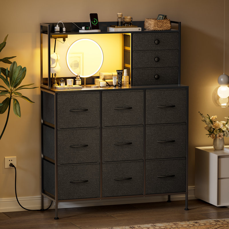 Commode haute 12 tiroirs avec lumières DEL Cheo H 53,15 po, Noir, noir, noir, noir