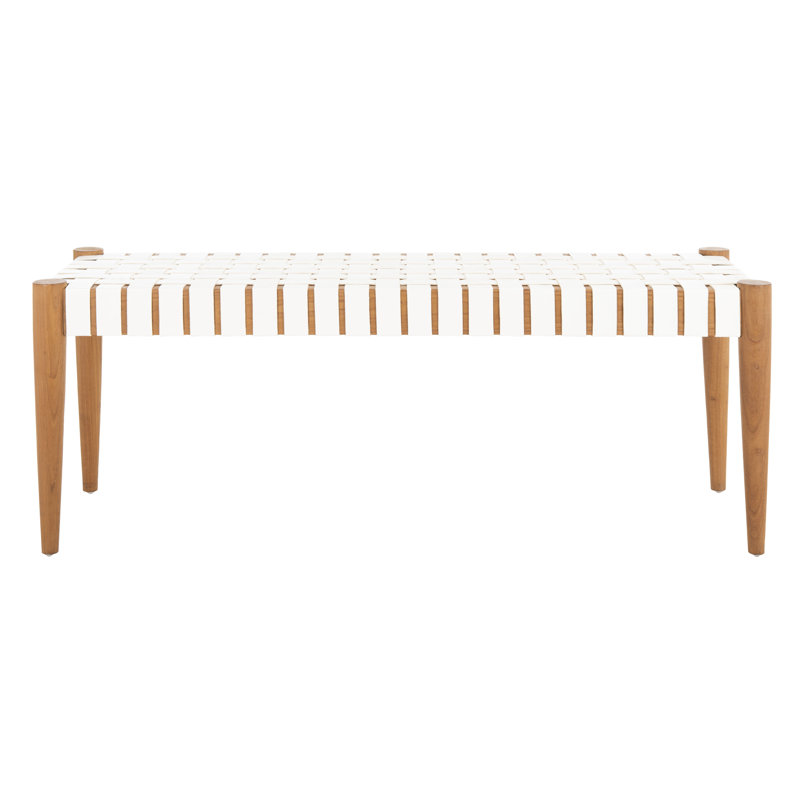 Orin 47" Woven Leather Bench, Oak Frame/White Leather