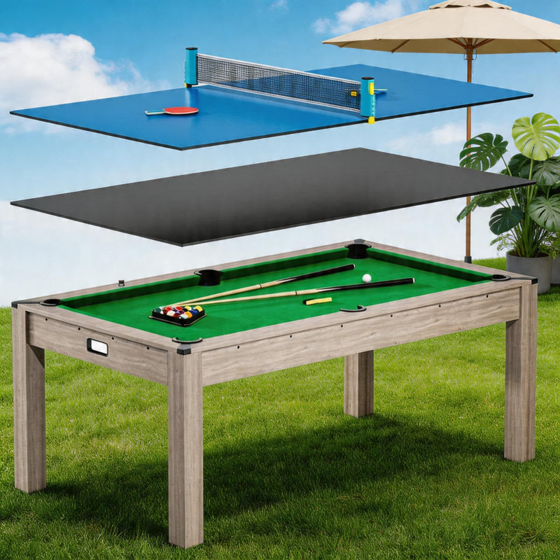 Table de billard 7FTM 3 en 1 table de billard, salle à manger et tennis de table avec accessoires (balles, queues, ping-pong), billard convertible et tennis de table, finition grain de bois HDF et accents chromés.