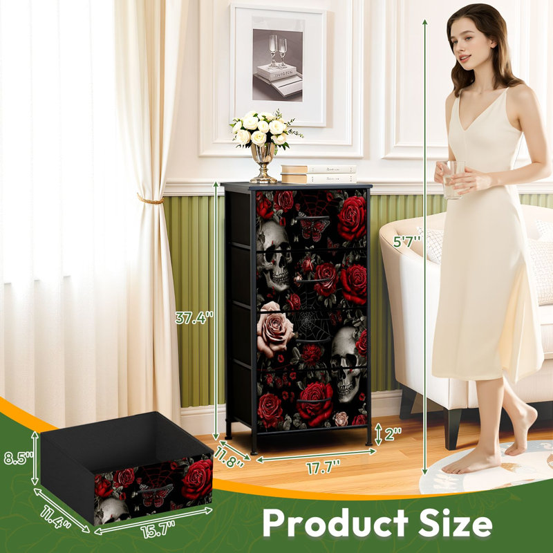 Commode 4 tiroirs pour chambre à coucher crâne gothique Red Rose Spider Webs Butterflies Dark