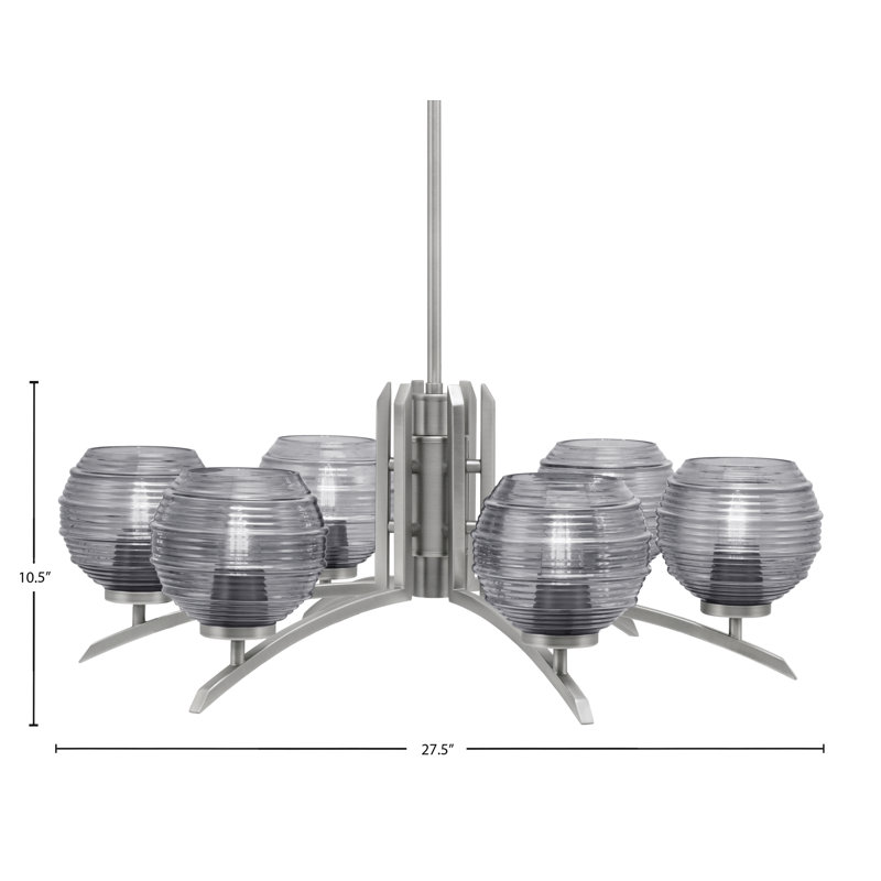 Lustre 6 lumières Kurve illustré en finition graphite avec verre nervuré de 6 po, Fumée