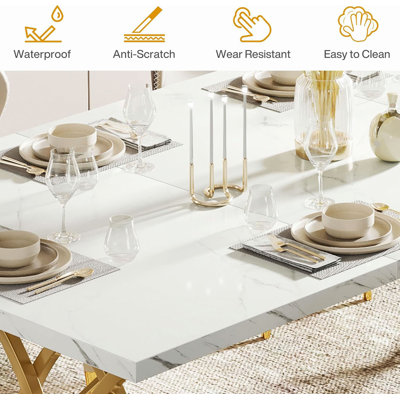 63" Modern Dining Table Gold Faux Marble Kitchen Table for 4-6 People Large Rectangular Dinner Table with Geometric Legs , Elegant Table for Dining Room, Kitchen or Breakfast Nook