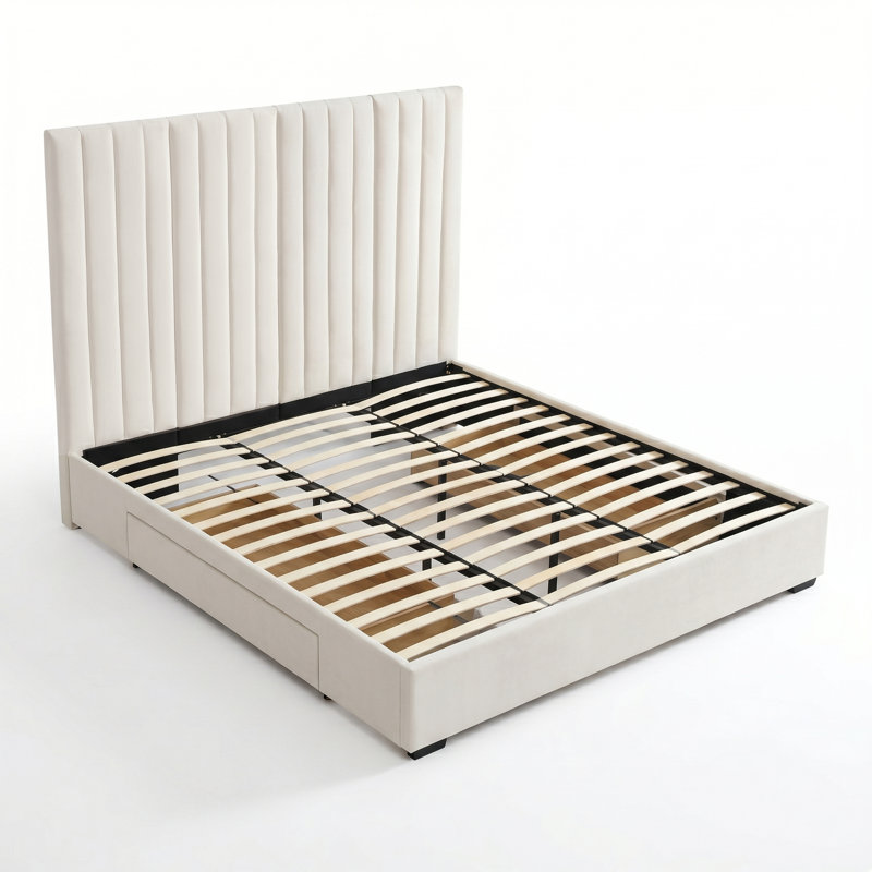 61.42" King Velvet Upholstered Platform Bed Frame with 2 Large Drawers & Vertical Channel Tufted Headboard, No Box Spring Needed, Cream