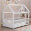 Lit simple en bois avec cadre de toit, garde-corps de clôture, blanc-680018720