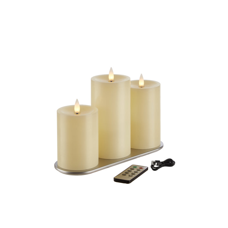 Rechargeable 3D Flickering Flame Wax Pillar Candles With Charging Base & Remote And Timers (Set of 3), 3''D x4''/5''/6''H, 480 hours glow time on each 6 hour charging