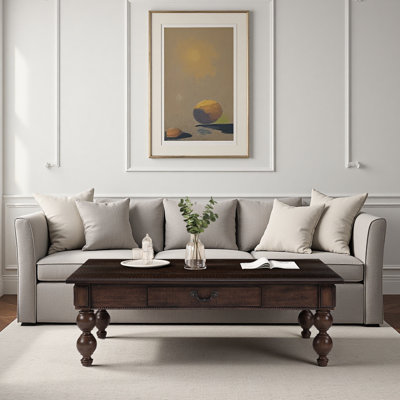 Rectangular Wooden Coffee Table With Storage Drawer, Vintage Cocktail Table With Solid Wood Gourd-Shaped Legs