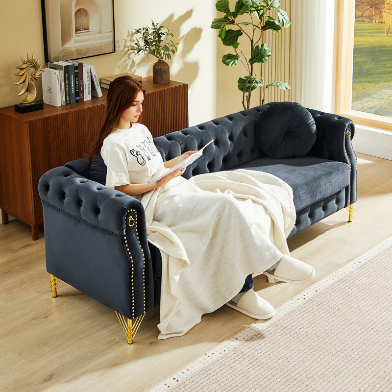 Canapé Chesterfield à structure en bois avec coussins ronds, pieds en métal pour la maison