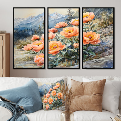 Pivoines dans le col de montagne - Art mural grand pivoines - 3 panneaux