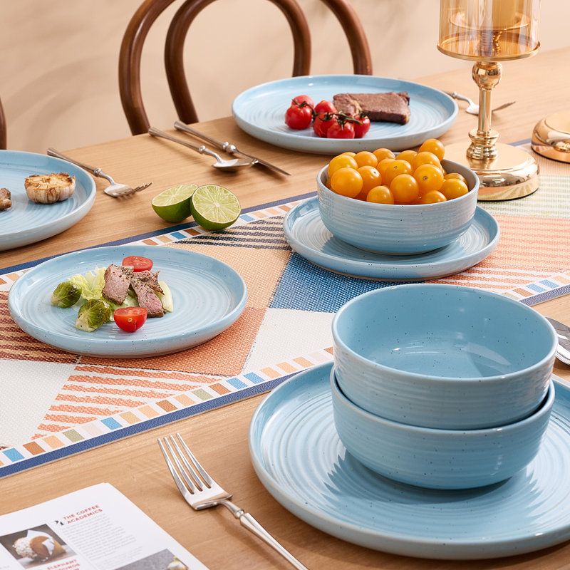 12-Piece Stoneware Dinnerware Set, Ice Blue