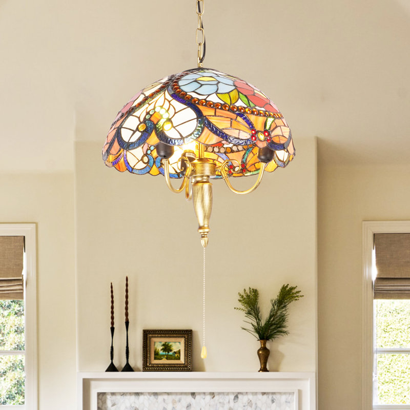 3 Light Dimmable Tiffany Style Stained Glass Pendant With Pull Chain