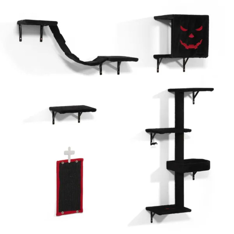 Ensemble de meubles muraux pour chat 5 pièces, étagère murale pour chat noir et rouge avec grimpeur, arbre à chat, lit en cercueil et perchoirs en forme de chauve-souris