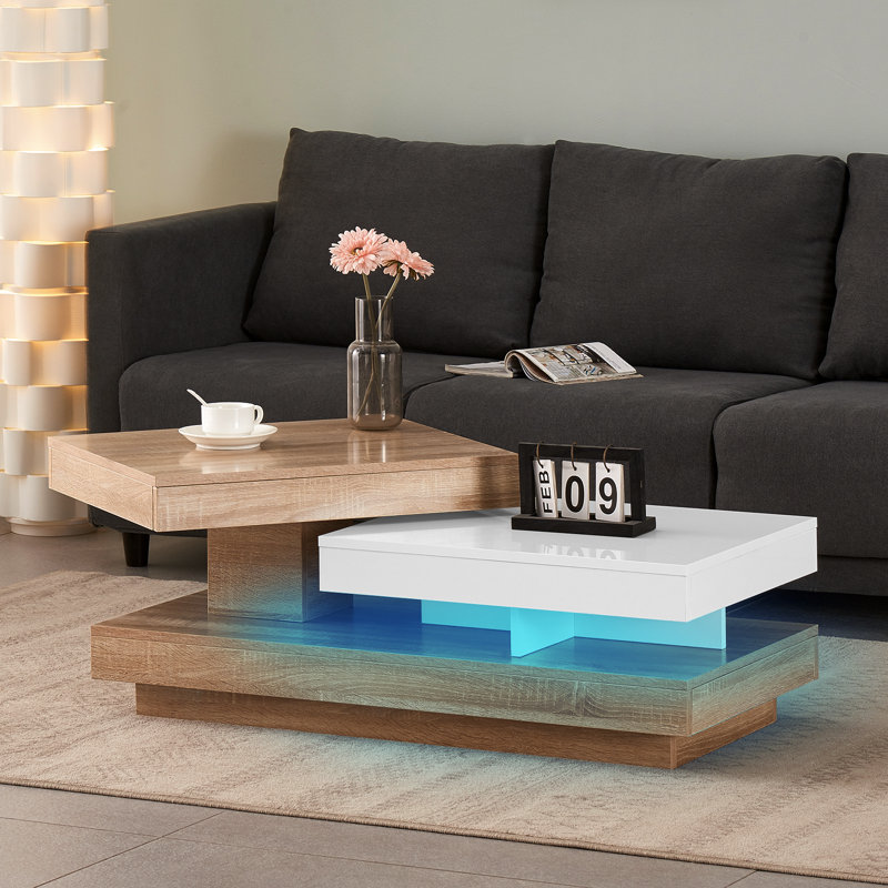 Modern Rotatable Coffee Table with LED Lights for Living Room