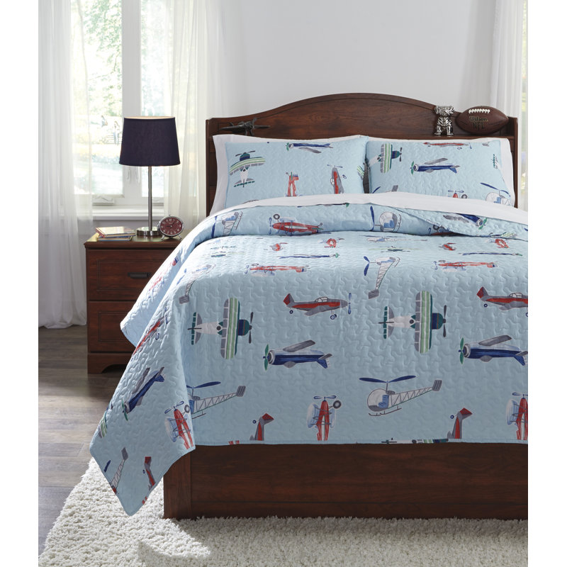 Blue Airplane Microfiber Full Quilt Set for Kids