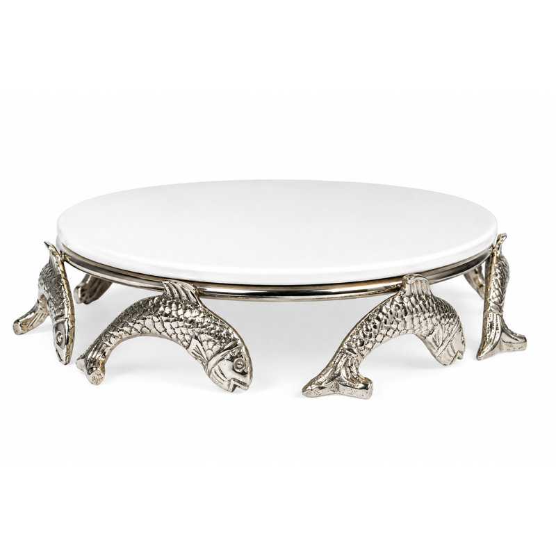 Assiette à gâteau ronde en céramique blanche avec support à poisson sculpté, 13 po