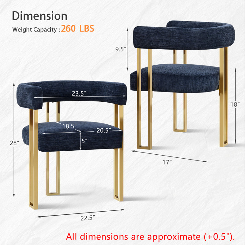 Fauteuil de salle à manger rembourré en chenille dorée, hauteur du siège 18 pouces, Bleu