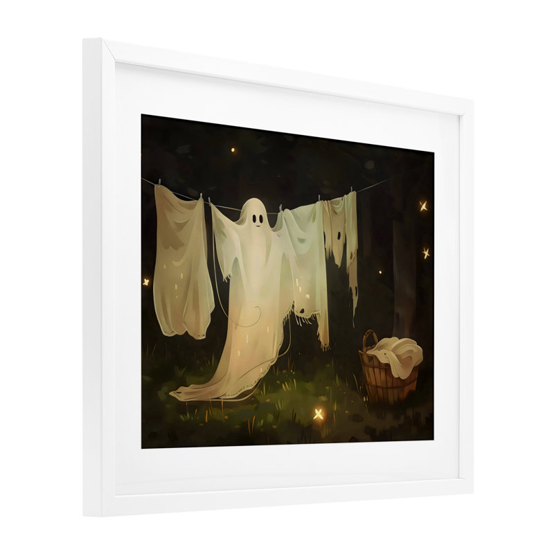 «Halloween Laundry Ghost», reproduction d'art sous verre encadrée par Arlington Prints, H 17 po x l 21 po, Cadre blanc côtier