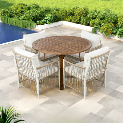 5-piece Patio Dining Table Set Included 1 Extendable Coffee Table, 4 Rattan Arm Chairs With Cushions And Iron Frame