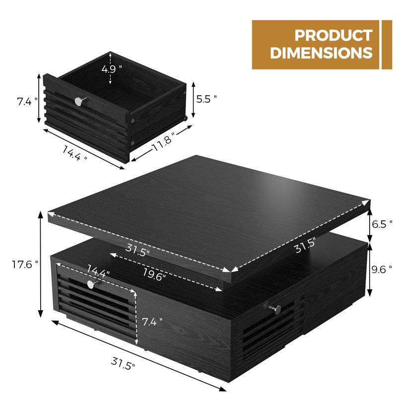 Aurora Modern Coffee Table With LED Light And Charging Station, Living Room Table With 4 Storage Drawers With Grille Design