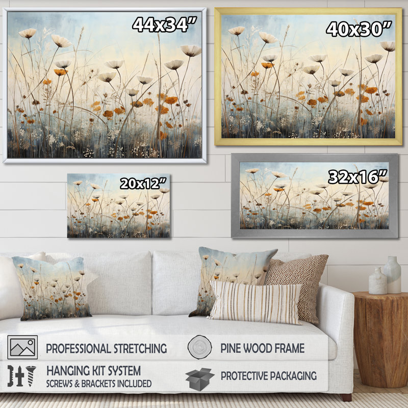 Impression sur toile Minimalisme, fleurs sauvages, pays des merveilles I, Cadre flottant doré, H 30 po x l 40 po x P 1,5 po