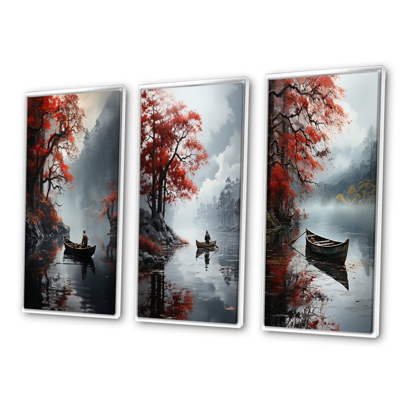 «Fishing At The Lake Whispering Breeze», 3 pièces sur toile, Cadre blanc, H 28 po x l 36 po