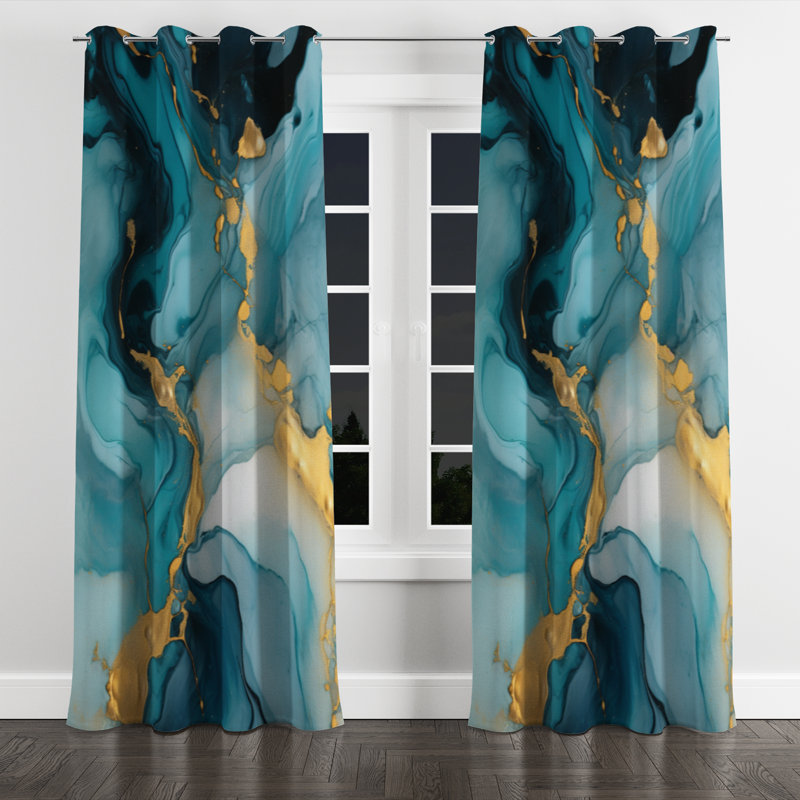 Turquoise Gold Infused Marble II - Modern Blackout Grommet Curtain - 1 panel, 52" W x 84" L, Silver Grommets