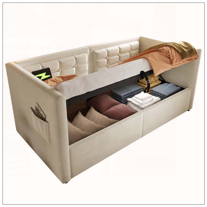 Lit de jour, cadre de lit simple à rangement hydraulique avec chargement USB et de type C, cadre de lit avec lattes de bois et dossier de canapé capitonné