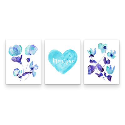 Turquoise et fleurs mauves avec cœur personnalisé, ensemble de 3 impressions sur papier