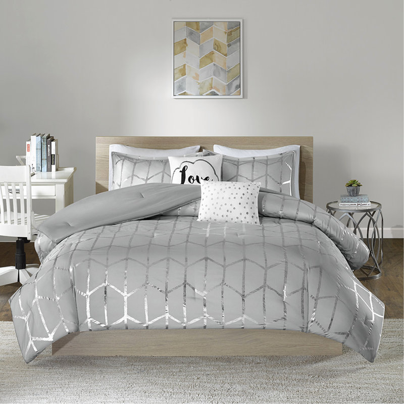 Ensemble d'édredon imprimé métallique, Argenté / Gris, Édredon simple + 3 pièces supplémentaires