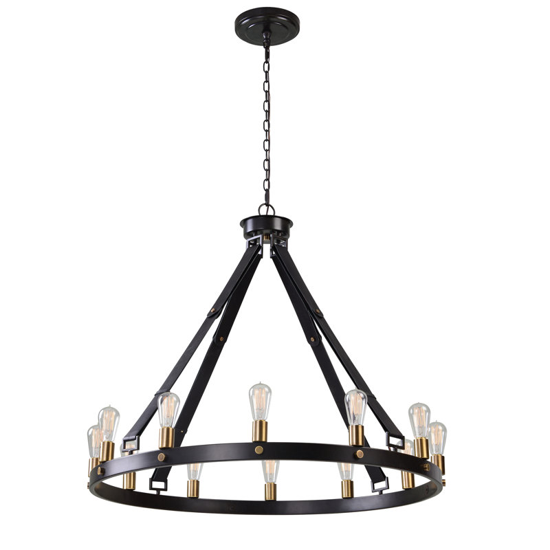 6 - Light Fabric Wagon Wheel Chandelier, Black
