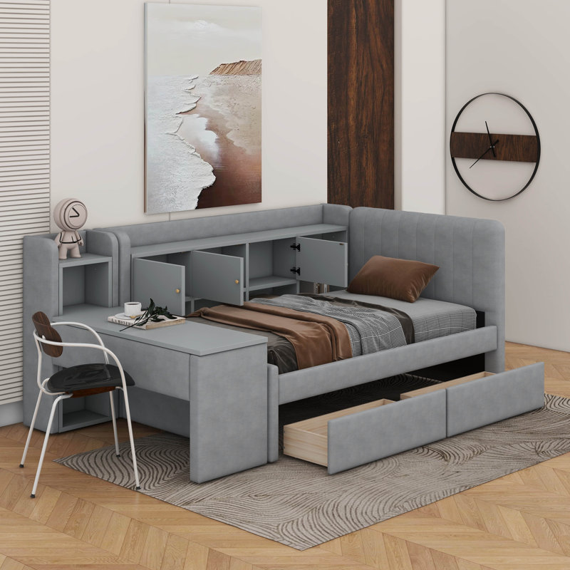 Lit de jour simple tapissier avec tiroirs, tablettes, armoires rabattables et table d'appoint, Gris