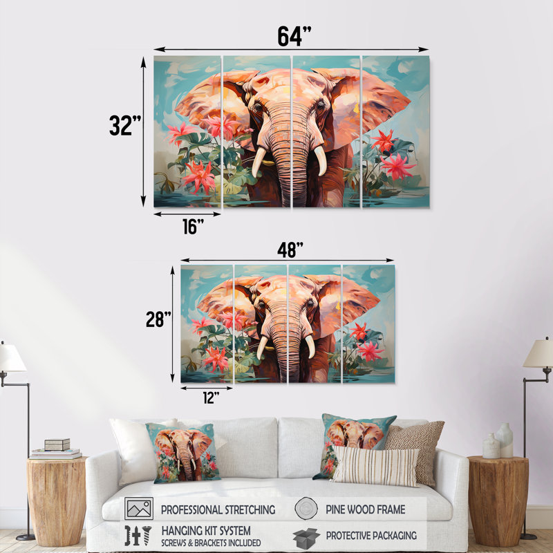 «Grey Creative Tusks Abstract Elephant Art III - Elephant», art mural 4 pièces, H 28 po x l 48 po