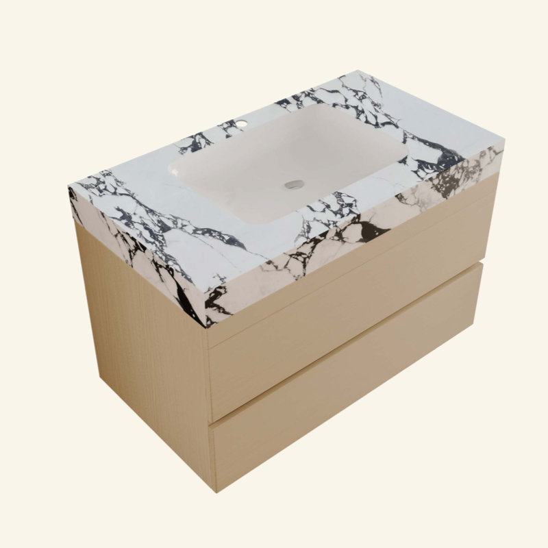 Meuble-lavabo flottant moderne avec plateau en faux marbre et lavabo encastré en céramique, fixation murale pour petites salles de bain et appartements