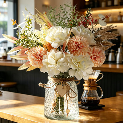 Fleurs en soie avec vase en verre, arrangement floral artificiel avec fausses roses et verdure pour centre de table, décoration intérieure (pivoine blanche et rose)