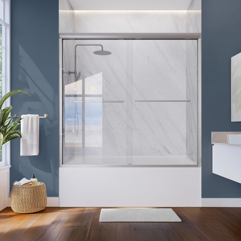 55" - 59'' W x 60'' H Double Sliding Door Semi-Frameless Tub Door With Two Towel Bars, Brushed Nickel