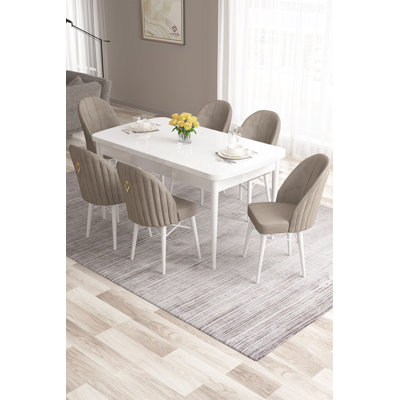 Ensemble de table et chaises de salle à manger extensible Modern (7 pièces), blanc et cappuccino | 100% panneau de fibres à densité moyenne avec pieds en bois et structure en métal | Table ouverte: 67,0 po x 30,7 po x 31,5 po | Chaises confortables: 17,3 po x 37,8 po x 16,5 po, design élégant et fonctionnel