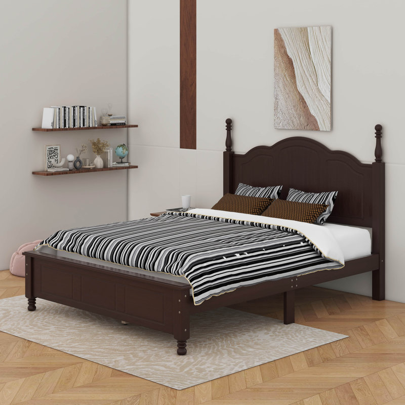 Lit plateforme en bois de style rétro avec support en lattes de bois, Lit double, Noyer foncé