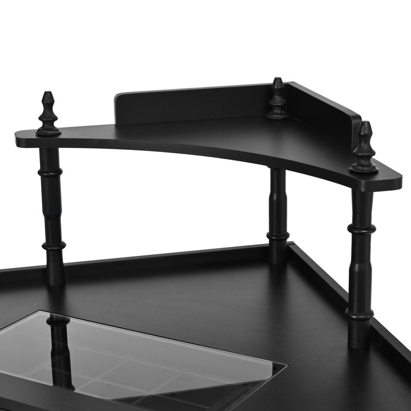 Corner Vanity Desk With Charging Station, Glass Tabletop, Removable Cabinet And Storage For Organized Beauty Makeup Routine Black Cushioned Stool, Tabletop Jewelry Drawer
