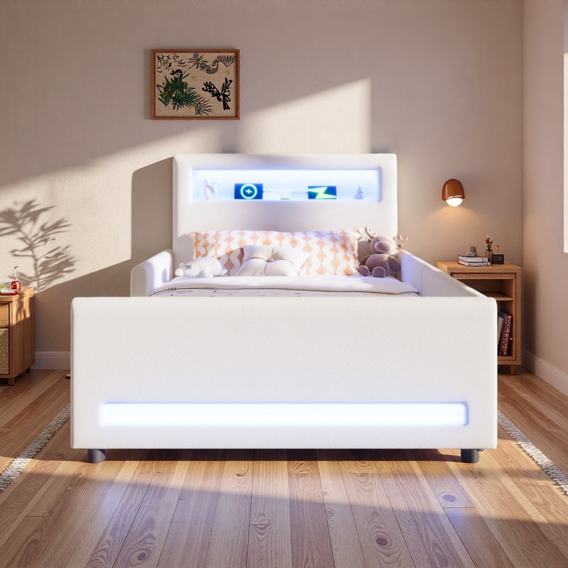 Lit plateforme tapissier avec tiroir, bande lumineuse à DEL et port USB, Lit simple, Blanc