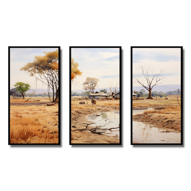 «Beige African Safari Landscape I», art mural Afrique, Cadre flottant noir, H 28 po x l 36 po x P 1 po