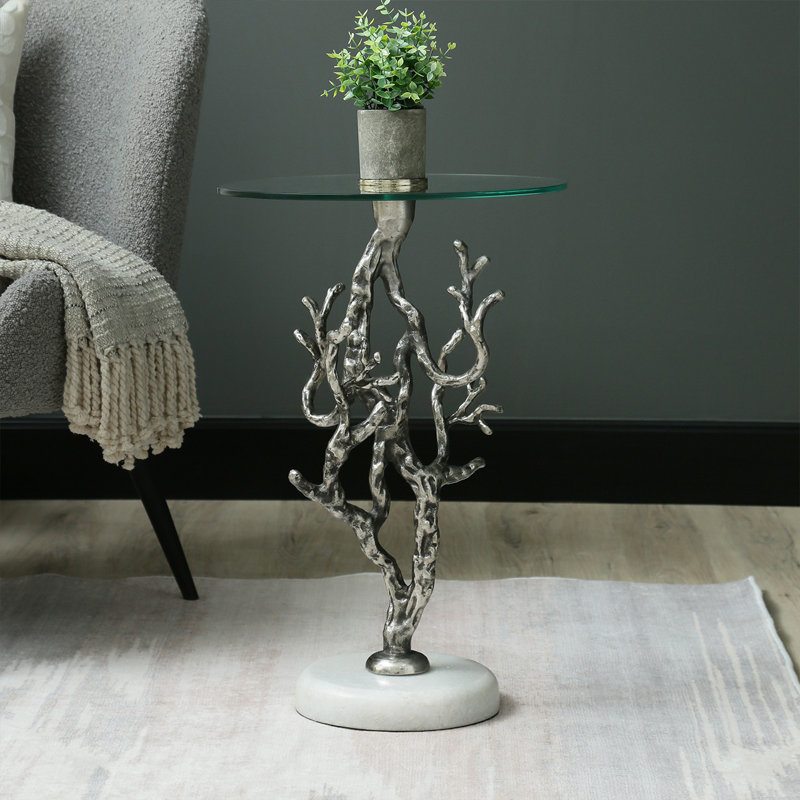 Glass Top Round End Table with Metal & Marble Base, 60cm Tall Sofa Side Table , Accent Table
