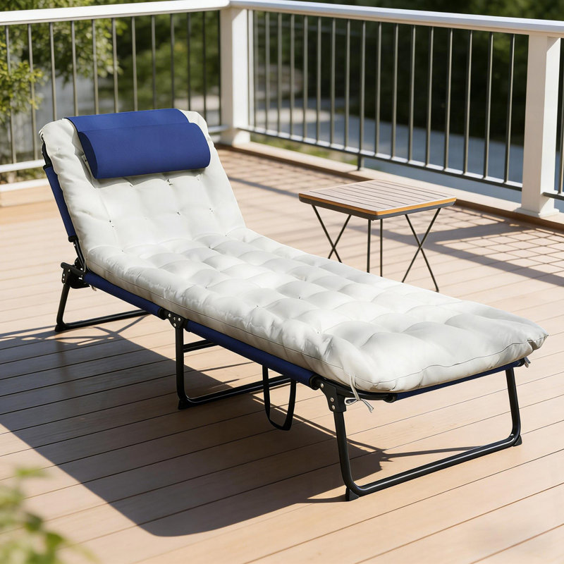Chaise longue d'extérieur, chaise longue pliante, Noir / bleu marine / blanc