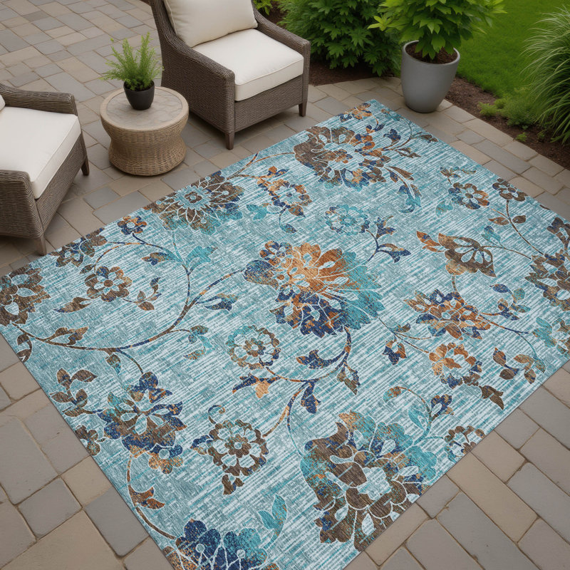 Machine Washable Indoor/Outdoor Chantille ACN2616 Floral Rug, Teal, 3' x 5'