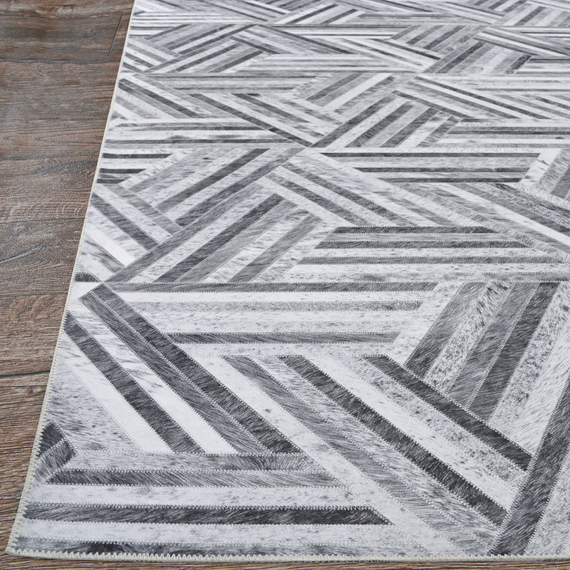 Geometric Grey Black Non Skid Performance Area Rug, Rectangle 3'9" x 5'5"