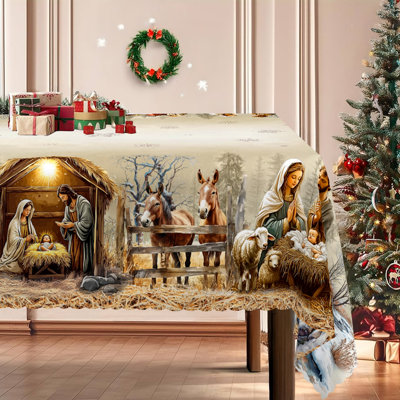 1pc round/rectangular polyester Edelen, Christmas Edelen with pine, snowman, truck, embosed edge, Christmas decorations for dining table, festival party holiday table decoration, perfect festival gift