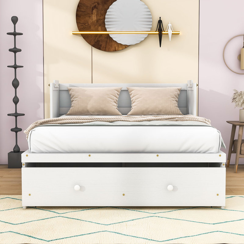 Lit escamotable polyvalent avec port USB intégré et tiroir de rangement spacieux, Double, Blanc