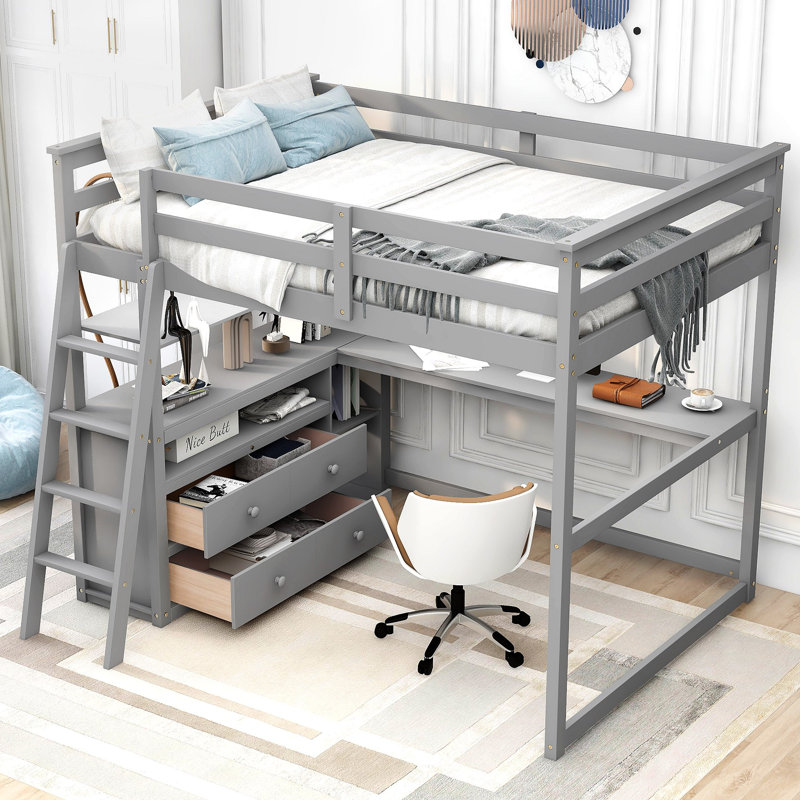 Lit mezzanine avec bureau et tablettes, deux tiroirs intégrés