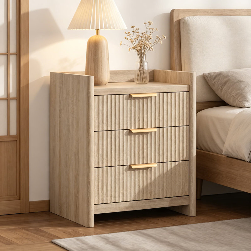 Table de chevet cannelée avec station de charge, grande table de chevet avec 3 tiroirs de rangement et poignée en métal, table de bout moderne pour la chambre à coucher, bureau personnel, chêne naturel