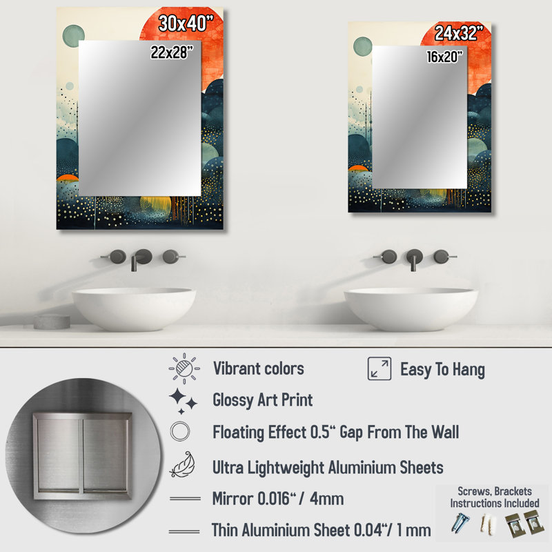 «Blue Mid Century Abstract Landscape - Mid Mid Century Modern Wall Mirror Decor», grand miroir bleu, impression d'art en métal